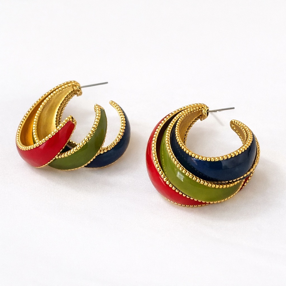 Multicolor Enamel Gold Tone Hoop Earrings Red Olive Green Navy Statement